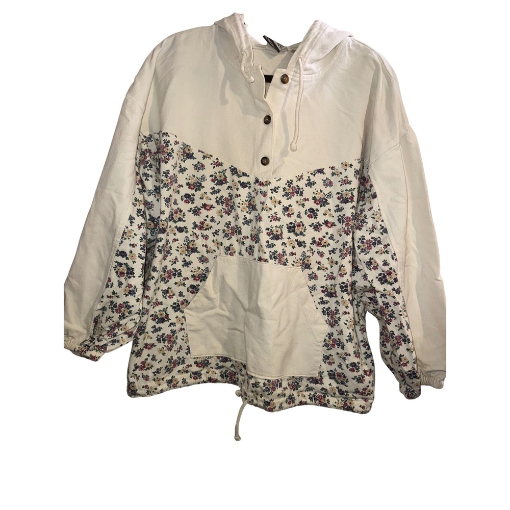Vtg 90s Cream Floral Hoodie Womens Large Cotton USA